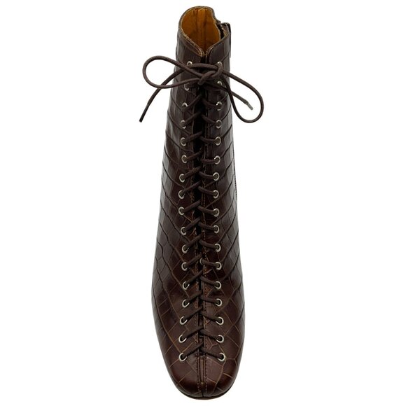 By Far Brown Croc Embossed Leather Becca Lace Up Booties - Picture 4 of 6